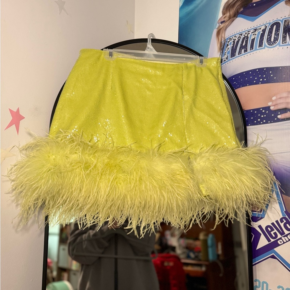 QUEEN OF SPARKLES Glittering Yellow Feather Mini Skirt